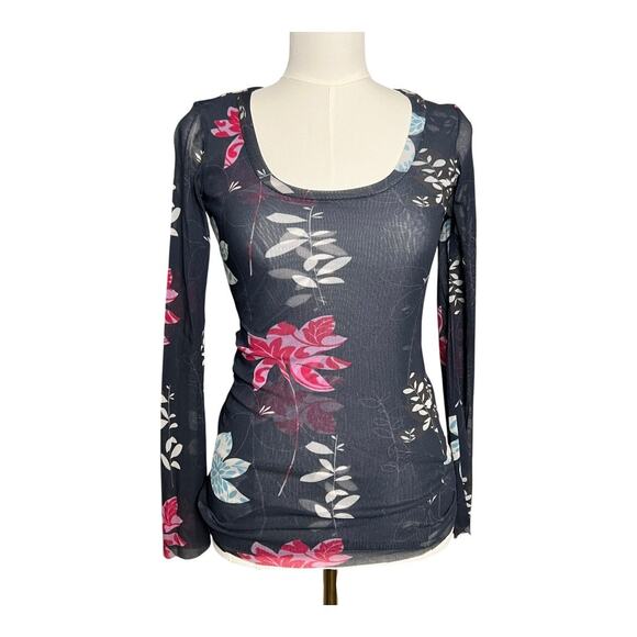 Y2K Style Shirt Top Trashy Club Party Floral Retro Small Mesh Sheer See through - Picture 1 of 6